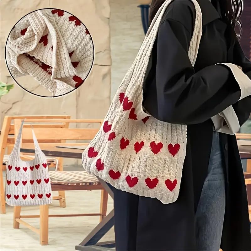 Street27 Women Korean Crochet Tote Bag Casual Work Love Hobo Shoulder Handbags | Multi-Purpose Bag |Sturdy Aesthetic Tote Bag with Large Capacity | Shopping Bag for Office, College & Daily Use(Beige)