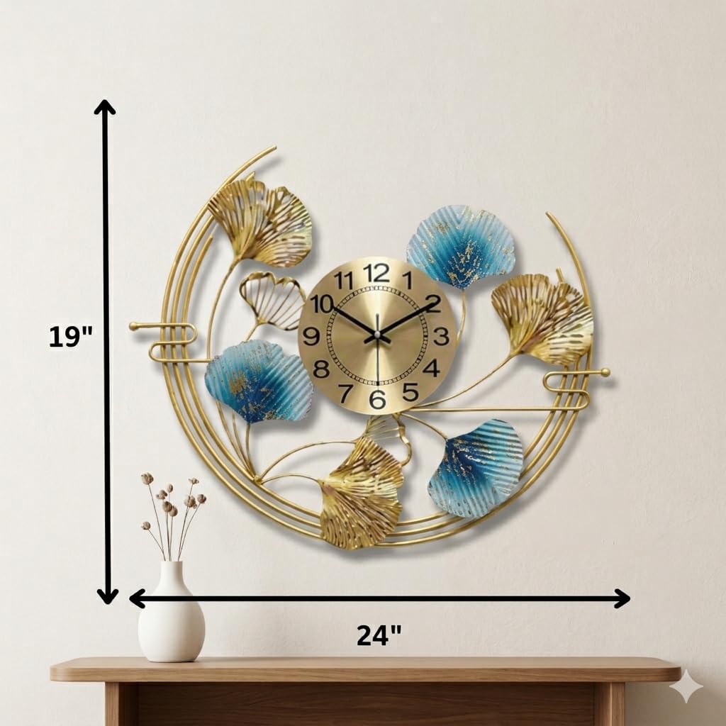 Mahira Artefacts Luxury Metal Wall Clock with Ginkgo Leaf 3D Art, Gold and Blue, Designer Decorative for Living Room, Bedroom and Office