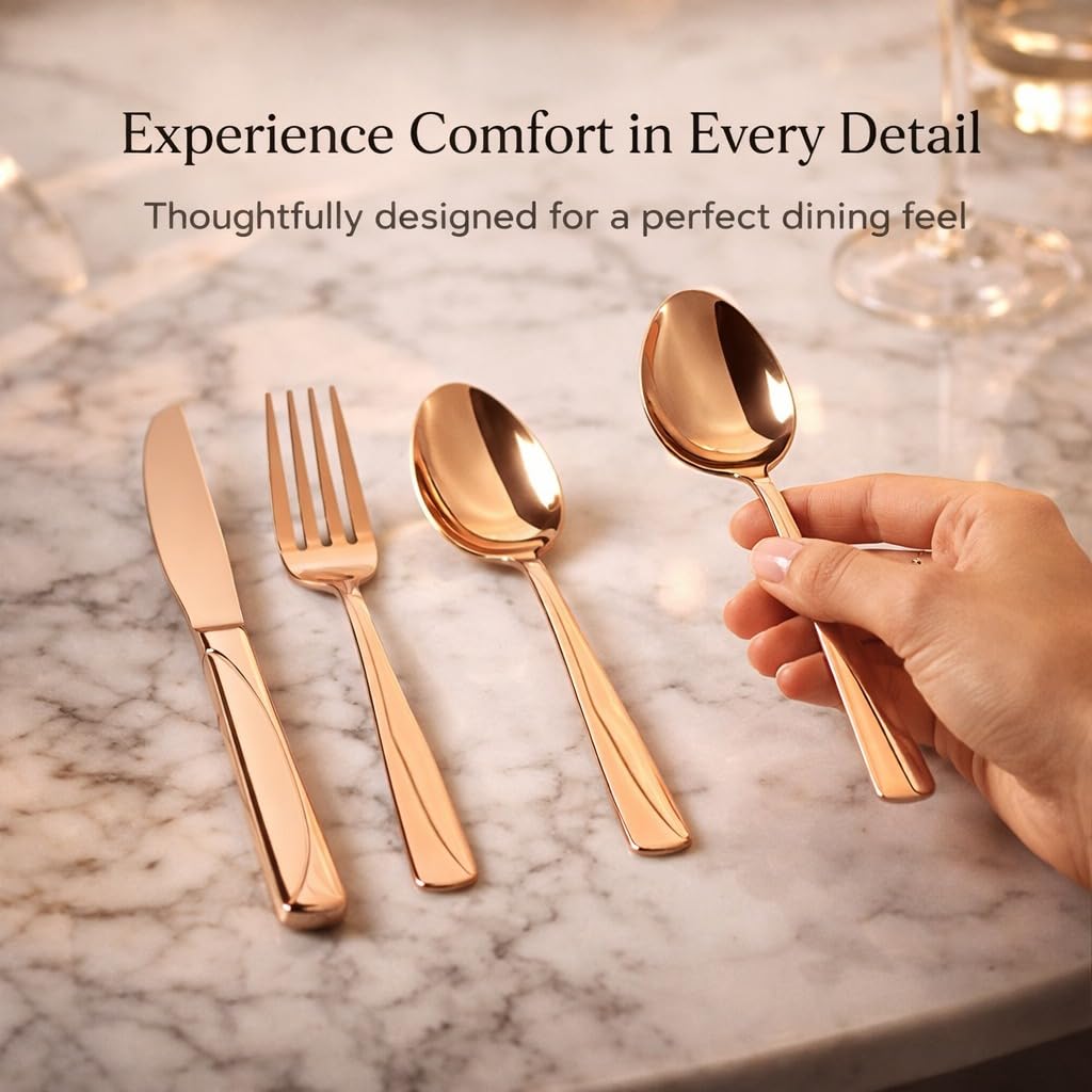 ANH MART Mirror Finish Rose Gold Plated Stainless Steel Flatware Set Copper Silverware Set Spoon Color Cutlery Set [Dinner Fork-Tea Spoon-Salad Spoon-Knife] Set of (Rose Gold LINEING, 8)