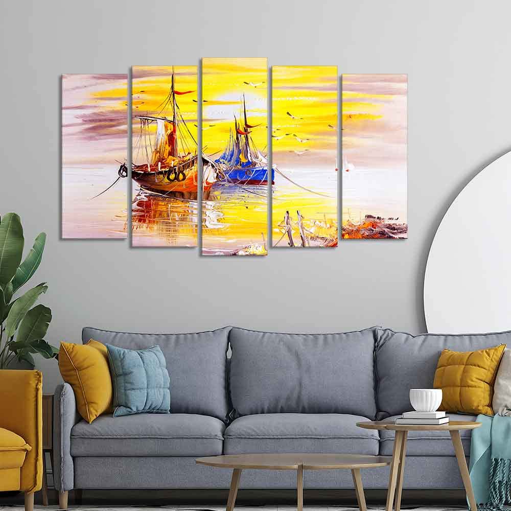 VIBECRAFTS Beautiful Scenery of Sailing Ship on the Ocean Wall Painting Set of Five For Home|Office|Living Room|Gift (PTVC5Pcs2_6521)