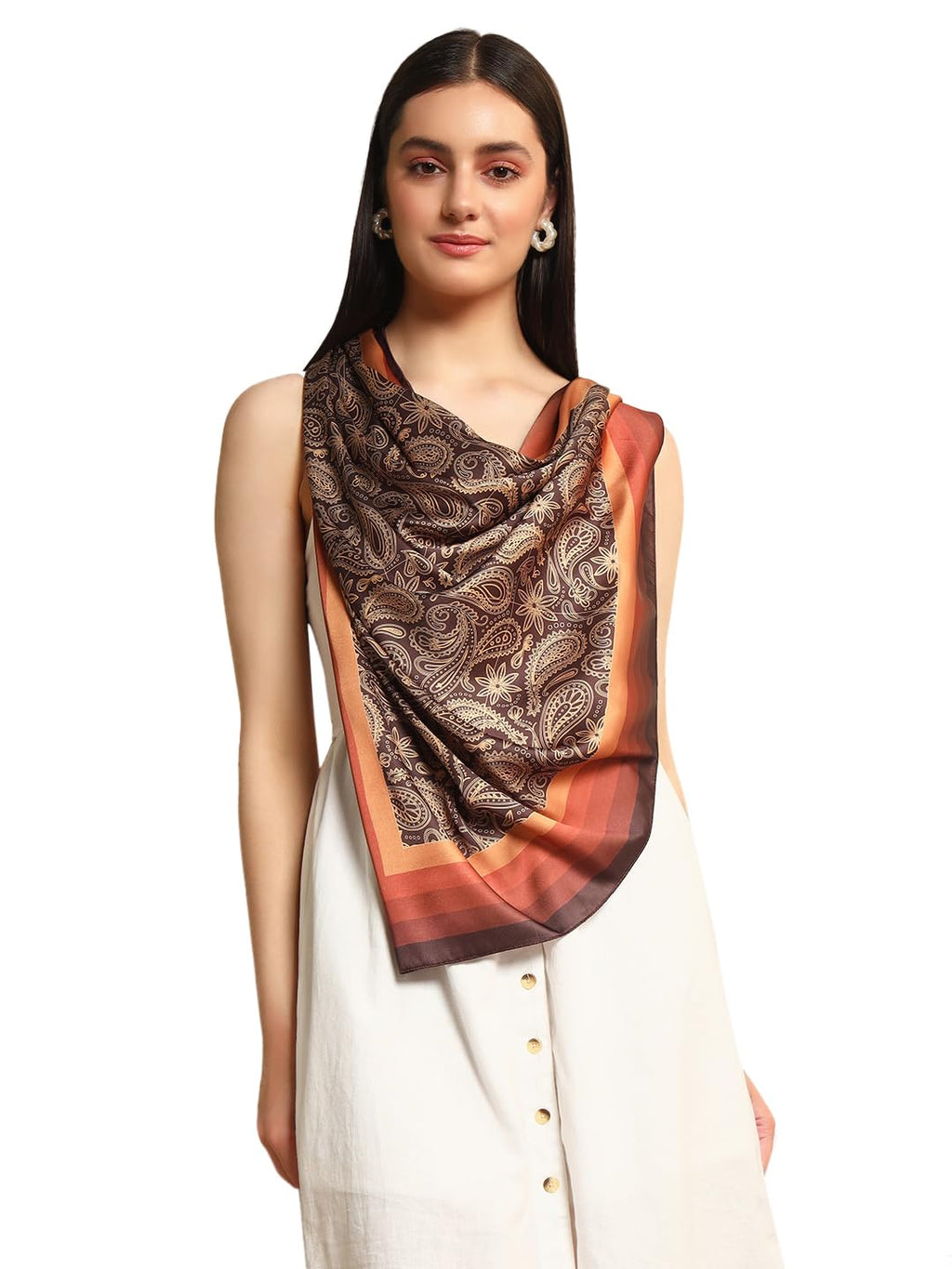 Ravaiyaa - Attitude is everything Women's Crepe Silk Digital Print Large Square Scarf Breathable Lightweight Neckerchief Printed Headscarf 40 x 40 Inch (Brown Paisley)