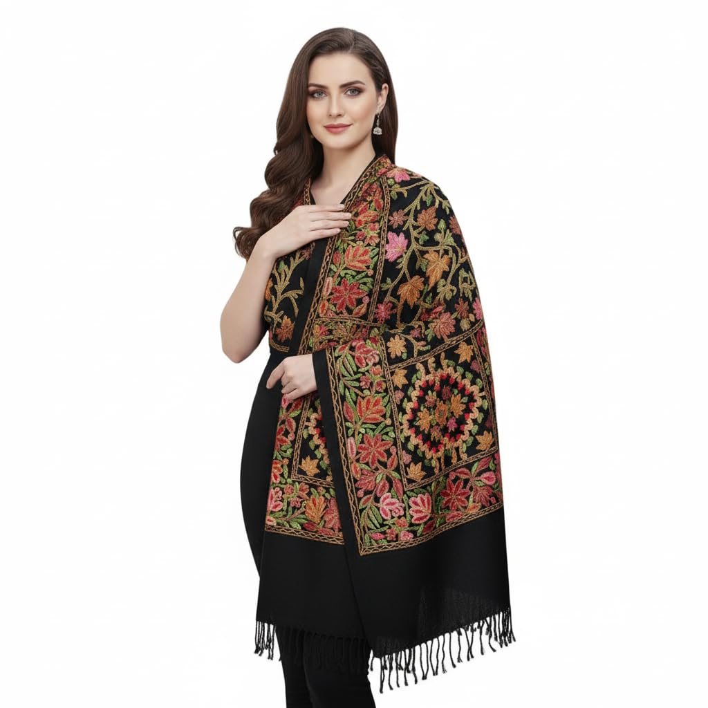 Matelco Women Black Multi-Color Floral Jaal Pashmina Shawl