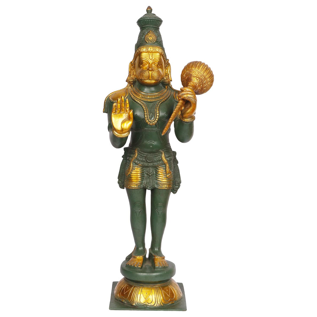 ARTVARKO Brass Lord Bhagwan Hanuman Murti for Home Puja Idol Bajrangbali with Gada on Shoulder Height 21 Inches