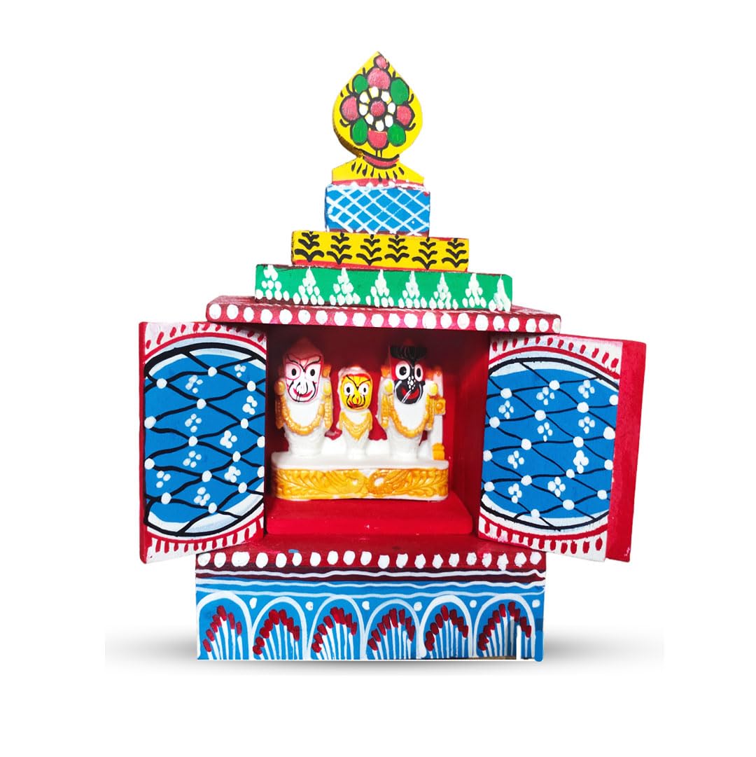 Neal Exclusive Wooden Jagannath Temple a Product of Odisha Handicraft for Puja Home Décor and Gift Wide 2.5 x Height 4 inch Multicolour
