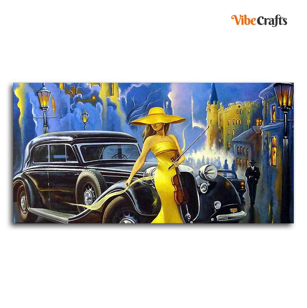 VIBECRAFTS Canvas Paintings for Living Room Drawing Room Woman With Car Canvas Wall Painting Fitted With Wooden Frame for Home | Office | Gift (PTVCH_2450)