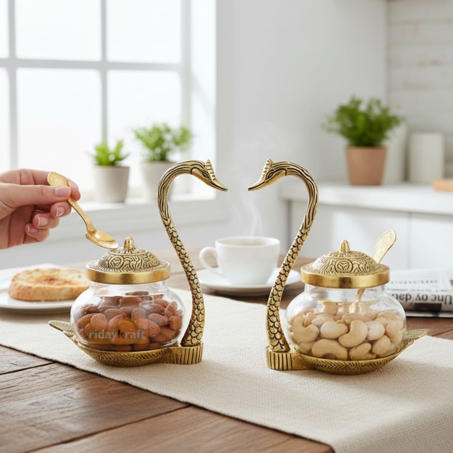 KridayKraft Metal Kissing Duck Transparent Glass Bowl With Spoon Set Of 2 Pcs For Saunf Supari Tray,Dry Fruit And Candy For Home & Offce Table Decoration Animal Showpiece Serving Bowl Set..., 500 Ml