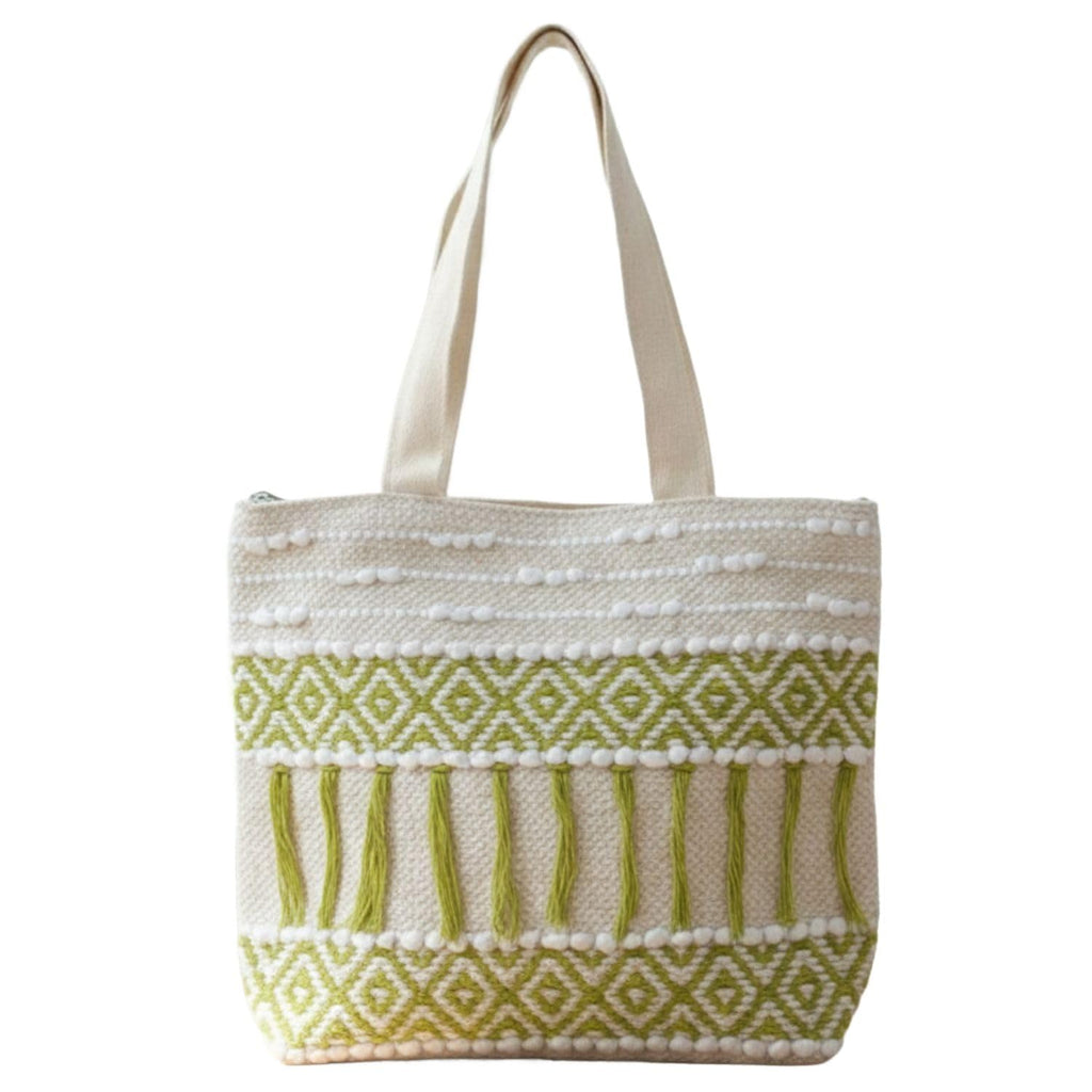 Värde Handmade Cotton Tote Bag for Women | Boho Ethnic Embroidered Shoulder Bag | Green & White Patterned Casual Handbag | Eco-Friendly Lightweight Daily Use Tote Bag for Shopping, Travel & Office