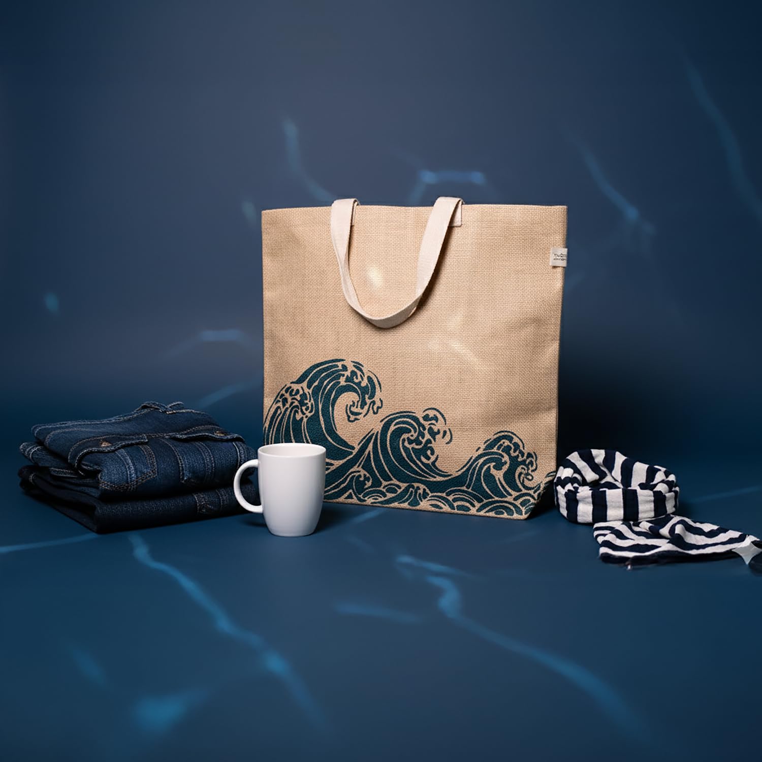 Jute Tote Bag with Cotton Handles | Eco-Friendly Hand Screen Printed Wave Design Shopping Bag | Reusable Natural Jute Bag with Azo-Free Dye Print