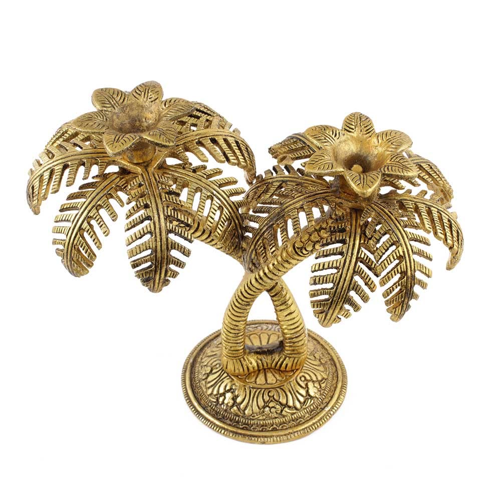 KridayKraft Metal Gold Plated (Palm) Khajur Candle Holder for Home Hotal Decor Candle Stand Tree Statue for Candle Light Dinner & Dining Table Decorative Showpiece for Decoration & Gift Purpose...
