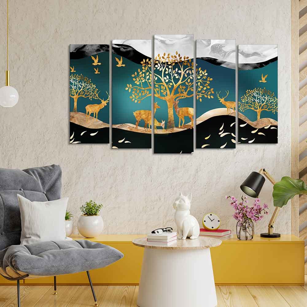 VIBECRAFTS Trees and Deer Canvas Wall Painting Set of Five Pieces For Home|Office|Living Room|Gift (PTVC5Pcs2_6572)