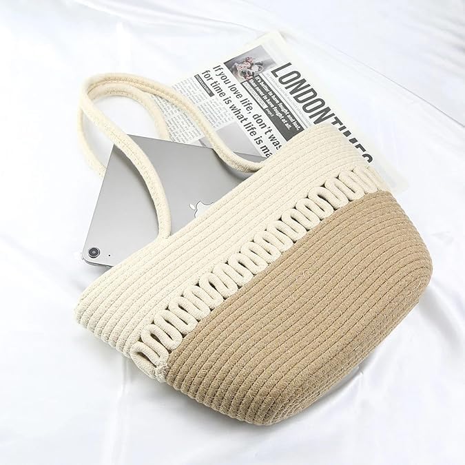 BEAUTIFUL HOMMIES Attractive Hand Bag |large Tote Bag |Summer Bag | Bucket Bag | Basket Bag | Bamboo Tote | Beach Bags for Women|Boho Bag|Handbag |Jute Bag |Handmade Bag (BEIGE WHITE)