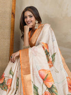 Gulkee Women's Tissue Silk Saree Banarasi South Indian Printed Soft Fabric Sarees For Occasions Like Wedding and Party With Blouse Piece(9626, Off White)