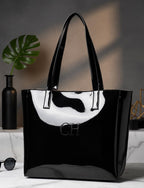 CRAFTSMAN HAVEN cSpacious Tote Bag For Womens Handbag Ladies Purses, With Zip Closure Shining Synthetic Leather (Black)