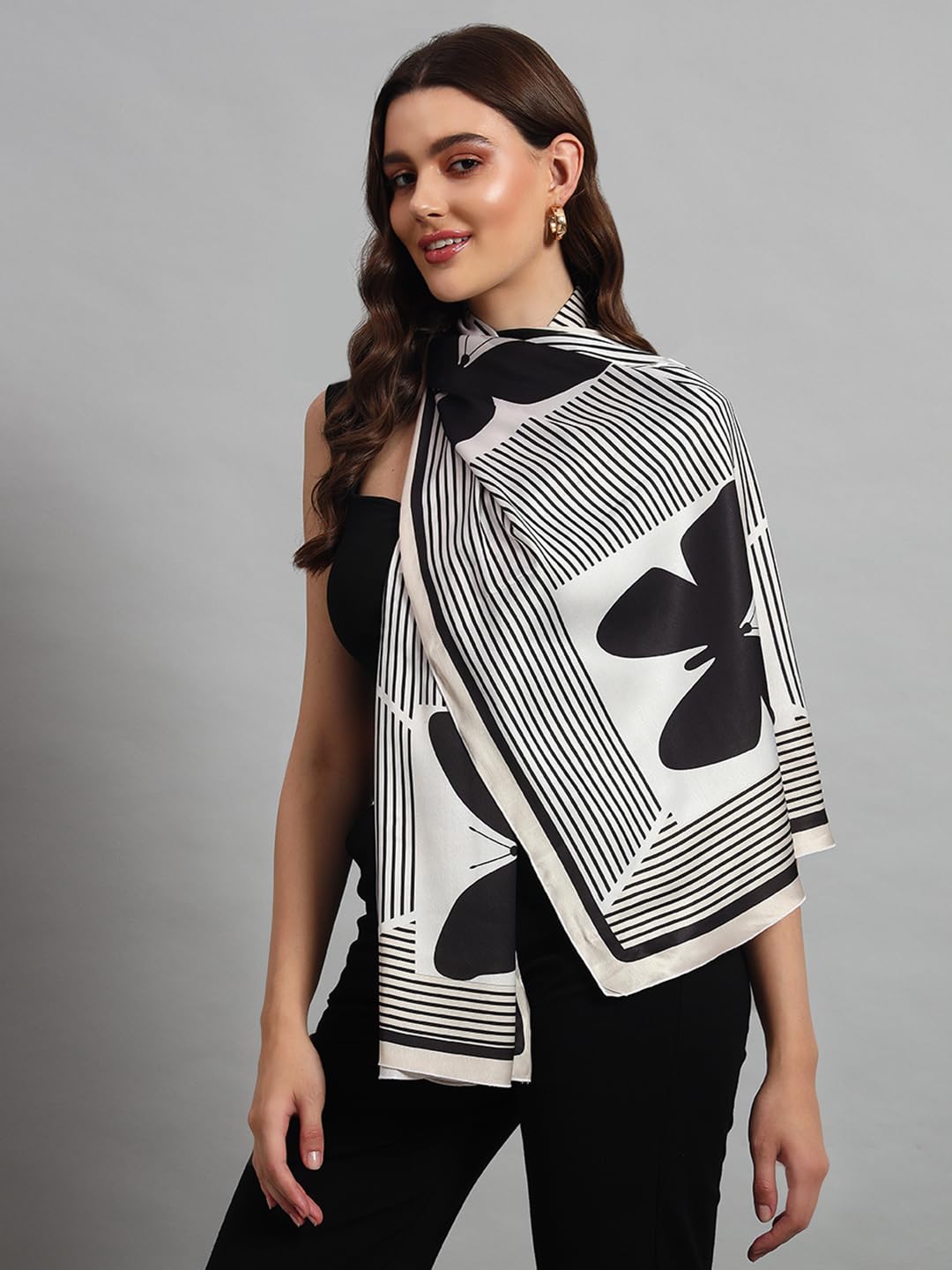 Ravaiyaa - Attitude is everything Women Lightweight Printed 100% Satin Silk Scarf Stoles Breathable Neckerchief Head Beach Wrap Scarves (Black White Butterfly, 70 x 20 Inch)