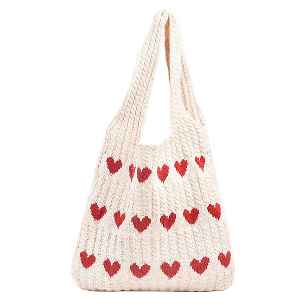 Zibuyu® Crochet Tote Bag, Soft Spacious Knit Design with Red Hearts, Y2K