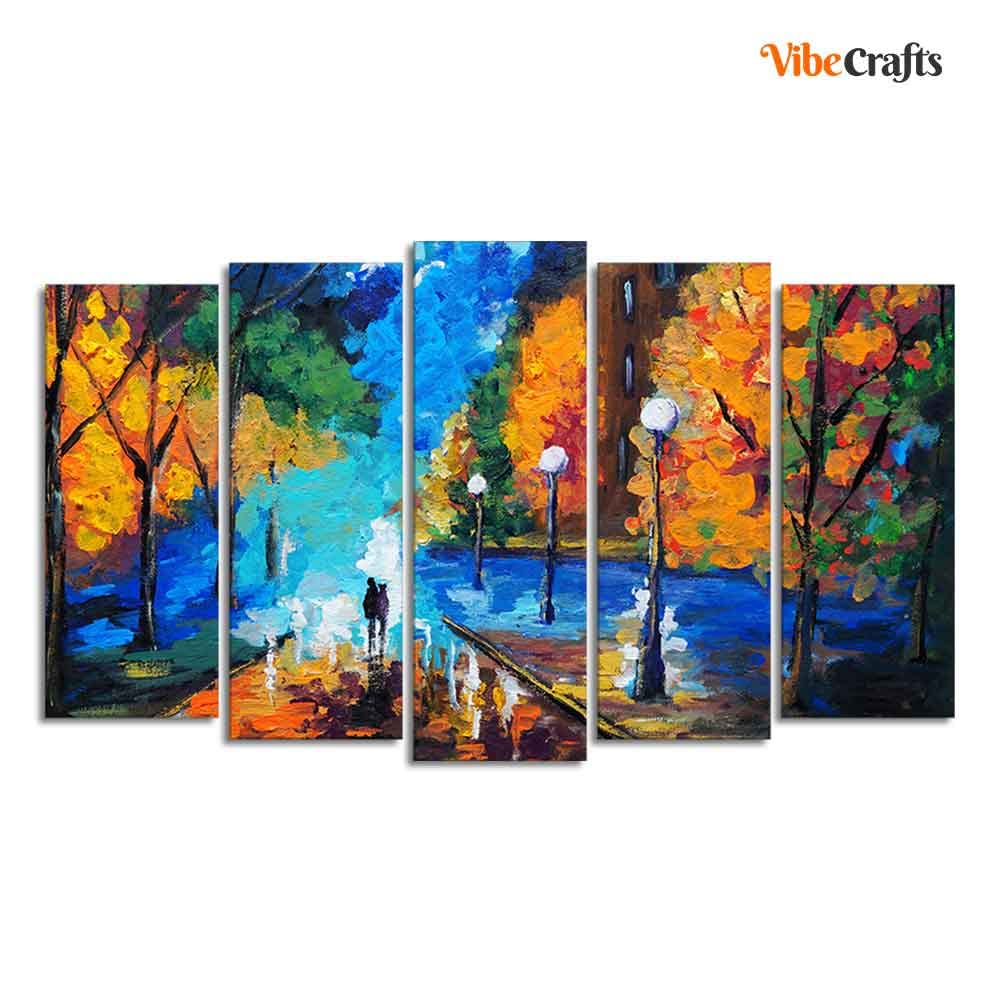 VIBECRAFTS Couple Walking in City Park Canvas Wall Painting Set of Five For Home|Office|Living Room|Gift (PTVC5Pcs2_6518)