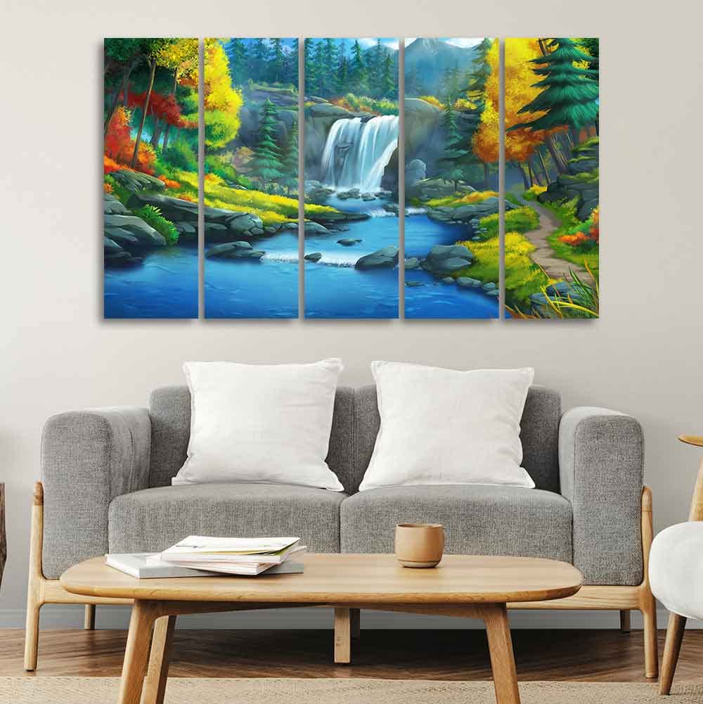 VIBECRAFTS Beautiful Scenery of Waterfall in Forest Canvas Wall Painting Set of Five For Home|Office|Living Room|Gift (PTVC5Pcs4_8662)
