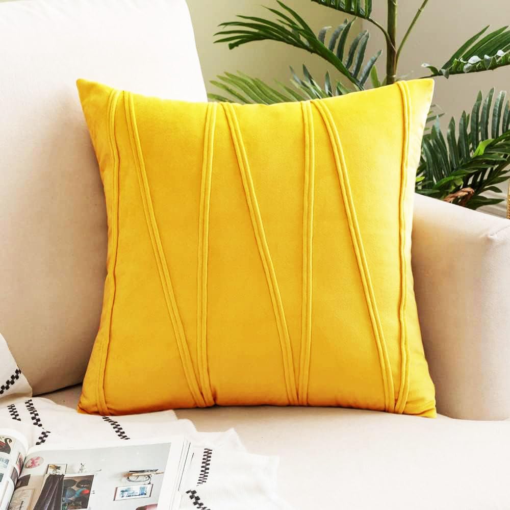 Khooti Velvet Striped Cushion Cover Pack of 1-14 X 14 / 36 X 36 Cm | Orange Yellow | Soft Pillow Covers Cushion Case for Sofa Bedroom Livingroom Chair Car with Zig Zag Pattern, 200 Tc