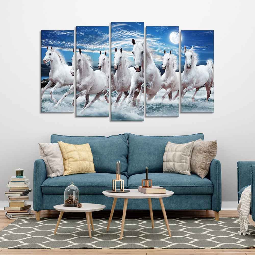 VIBECRAFTS Seven Running Horses in Water Canvas Wall Painting of Five Pieces For Home|Office|Living Room|Gift (PTVC5Pcs2_6628)