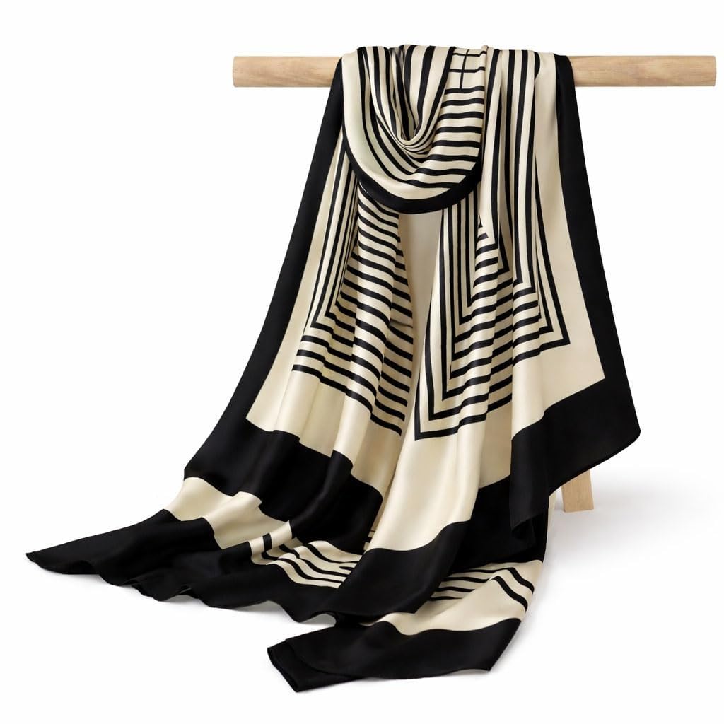 ULOS Women’s Geometric Print Light Weight Black & White Colored Satin Head Scarf - Neck Scarf - Neck Wrap (Square) (44x44)