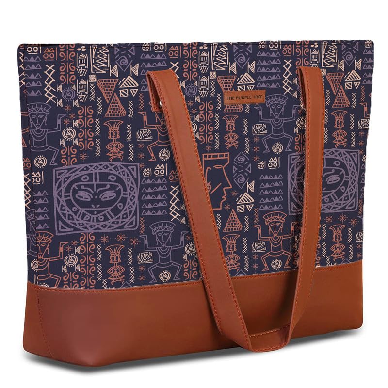 The Purple Tree Women Handcrafted Tote with Vegan Leather Handles, Tribal Print Shoulder Bag for Office and College, Oversized Contemporary, Blue