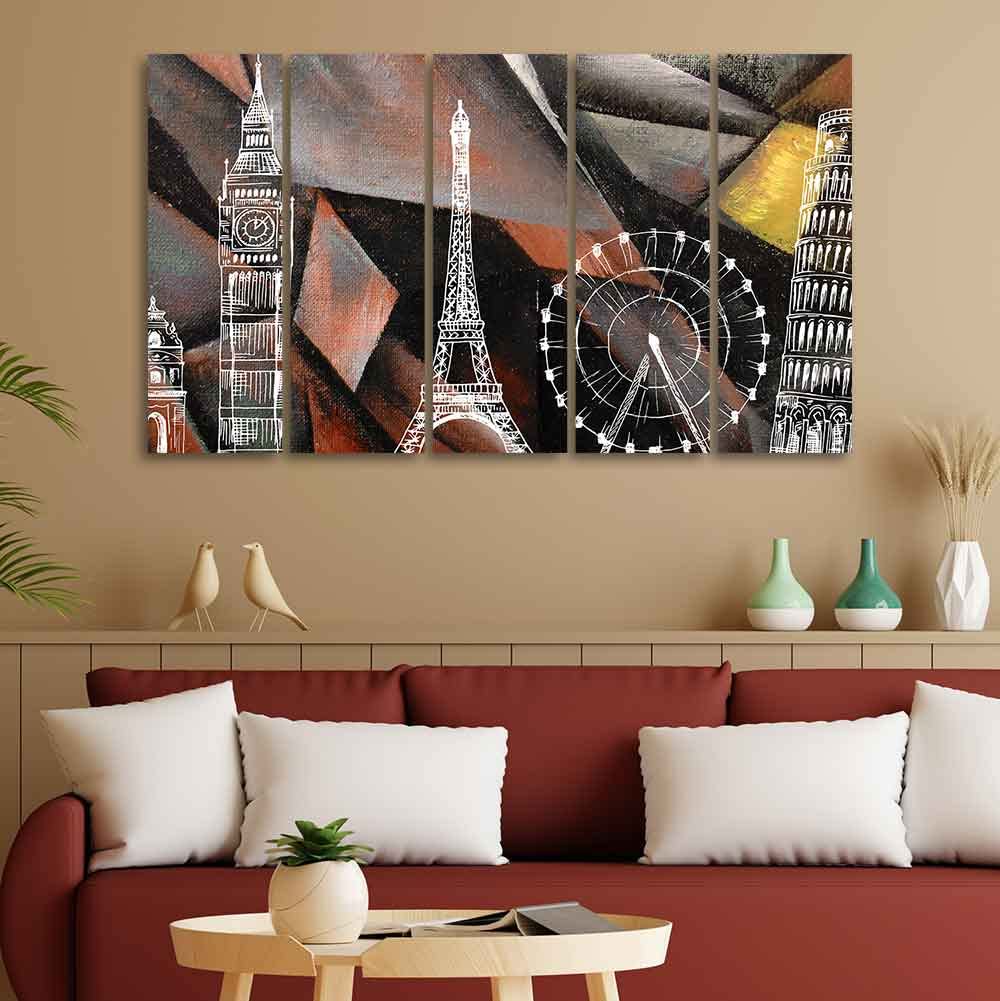 VIBECRAFTS Abstract Art Famous Architectures Five Pieces Canvas Wall Painting For Home|Office|Living Room|Gift (PTVC5Pcs4_8643)