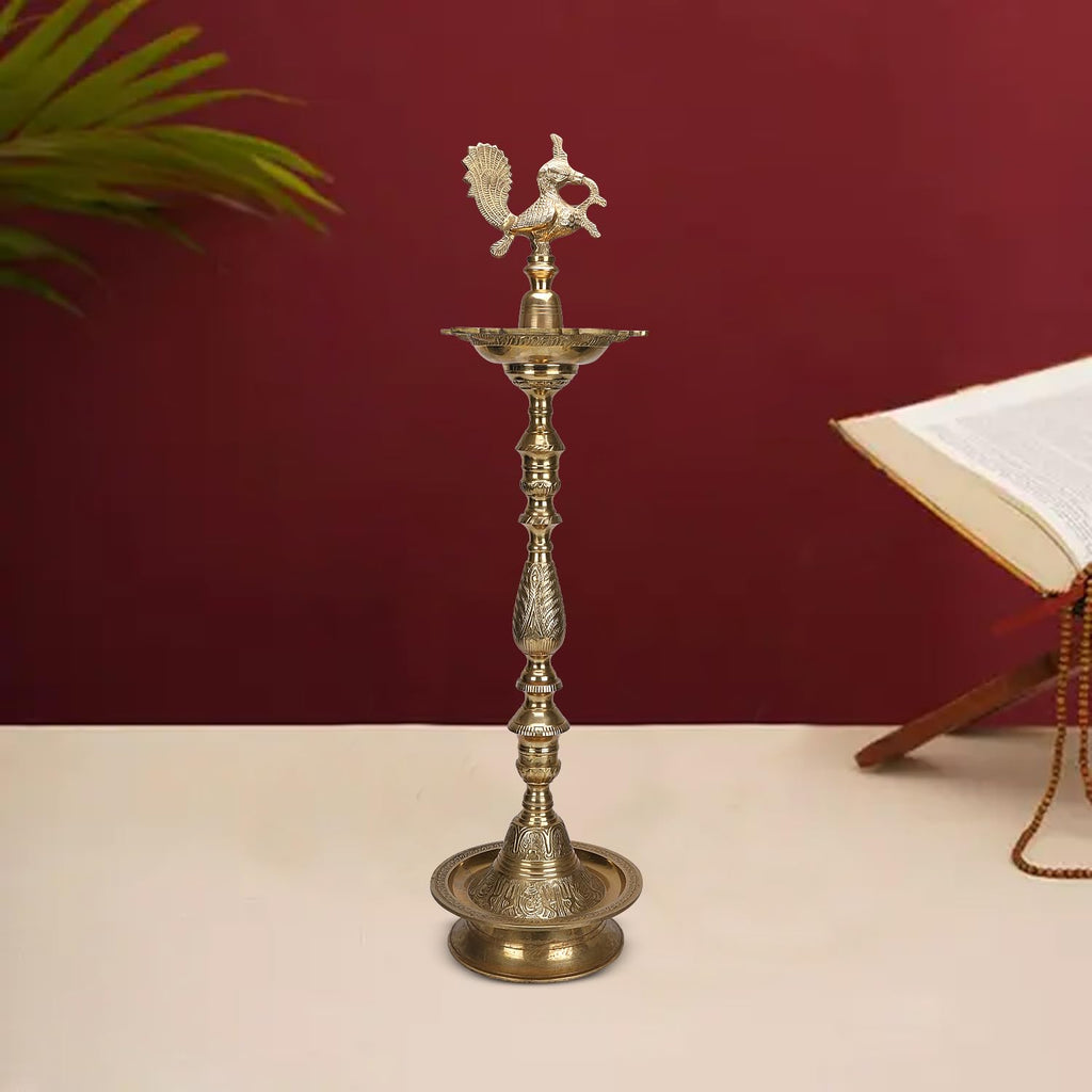Artvarko Big Brass Diya Peacock Inauguration Traditional Multiwick Oil Diya Kuthuvilakku Lamp for Puja Gifts & Home Decor Height 36 Inch.