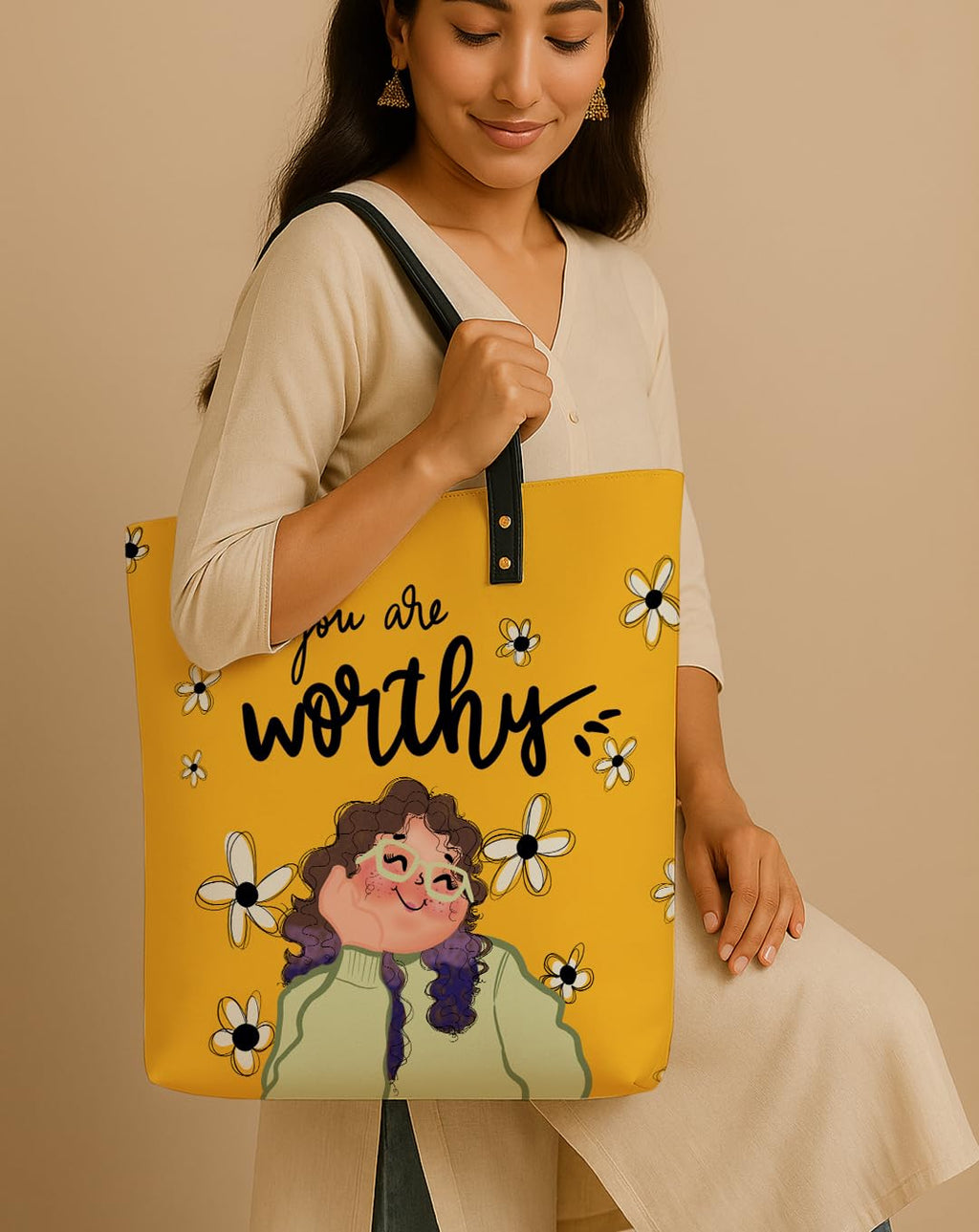 Kalankit Classic Tote Bag For Women | Canvas Printed Ladies Tote | Aesthetic Shoulder College Bag For Girls | Vegan Leather Lightweight Everyday Handbag | Gift for Woman | Worthy Yellow