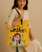 Kalankit Classic Tote Bag For Women | Canvas Printed Ladies Tote | Aesthetic Shoulder College Bag For Girls | Vegan Leather Lightweight Everyday Handbag | Gift for Woman | Worthy Yellow