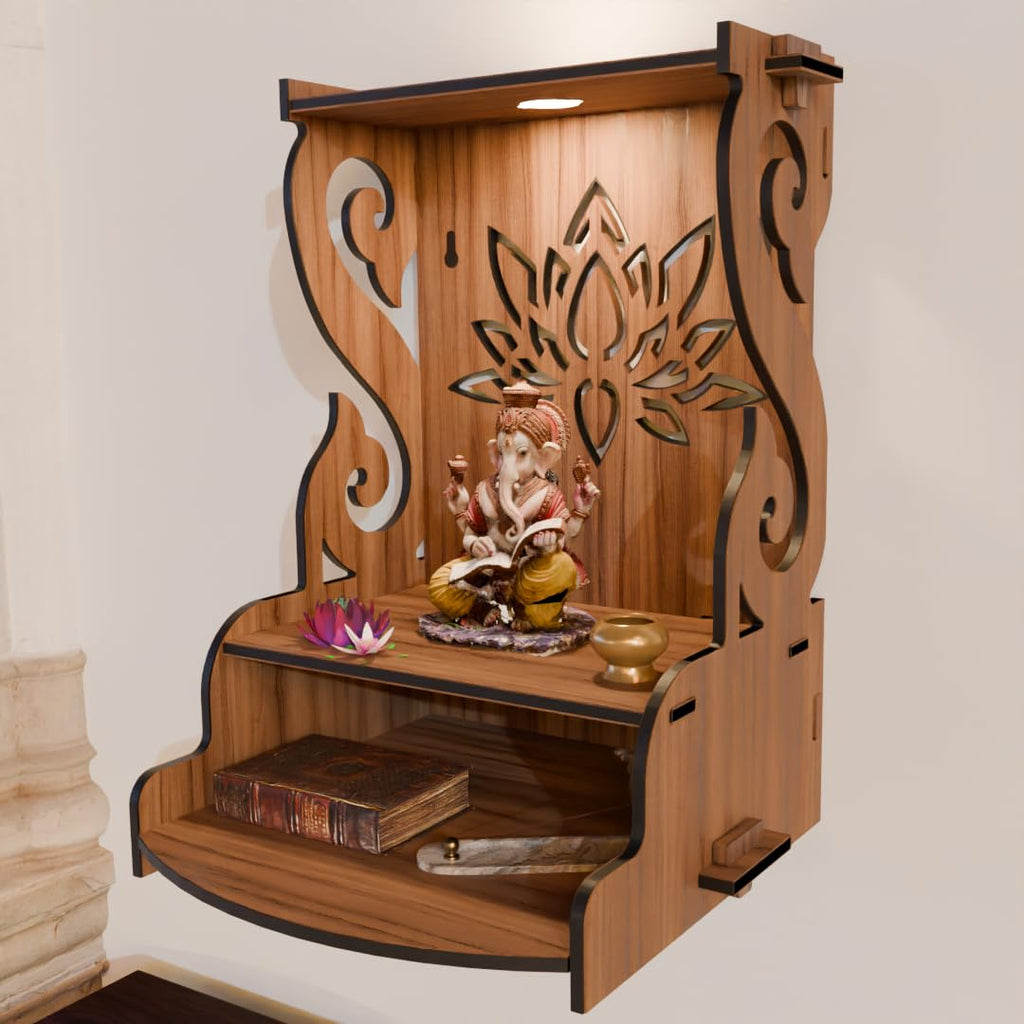 NIVED GODAVARI Engineered Wood Mandir with Spotlight | Extra Storage | 15.5 x 11.5 x 11 inch | Wall Mountable | No Screw/Bolt Screw Assembly | Home Temple | Pooja Stand | Colour: Walnut