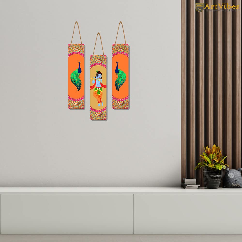 Artvibes Shri Krishna and Peacock Wall Hanging Home Decorative Wall Art for Living room | Spiritual Decor Items | Wall Illustrations | Artwork | Painting | Gift Items (WH_8106N), Set of 3