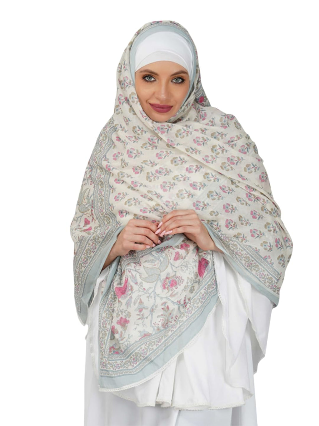 ANAApparels ANA Haniya Sky Blue Periwinkle Floral Dupatta | 86 x 43 Inches – Premium Mulmul Cotton | Lace Border | Lightweight, Soft & Breathable