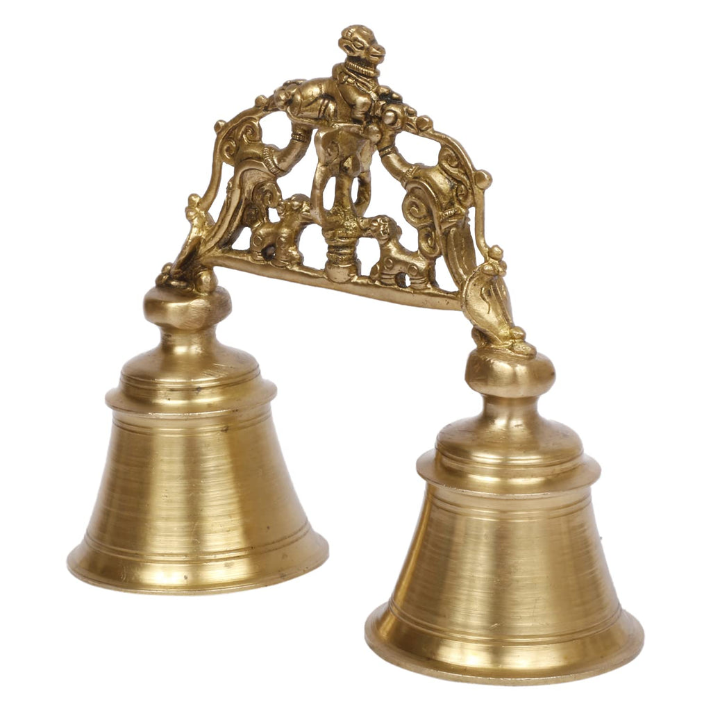 Artvarko Brass Double Handheld with Nandi Sitting on Top Showpiece Twin Hand Bell Ghanti for Pooja, Decoration Home Temple,(7.5x3x6.5 Inch)