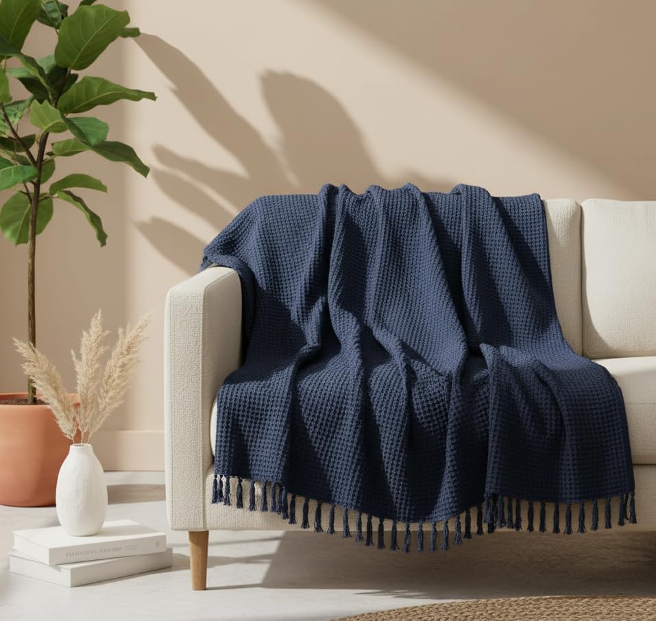 KNIT VIBES 100% Cotton Waffle Weave Sofa Throw Blanket 50x60 Inches or 125x150 cms Lightweight, Soft & Breathable Couch, Bed or Chair Throw Blanket for Living or Bedroom, Navy Blue Kafalo