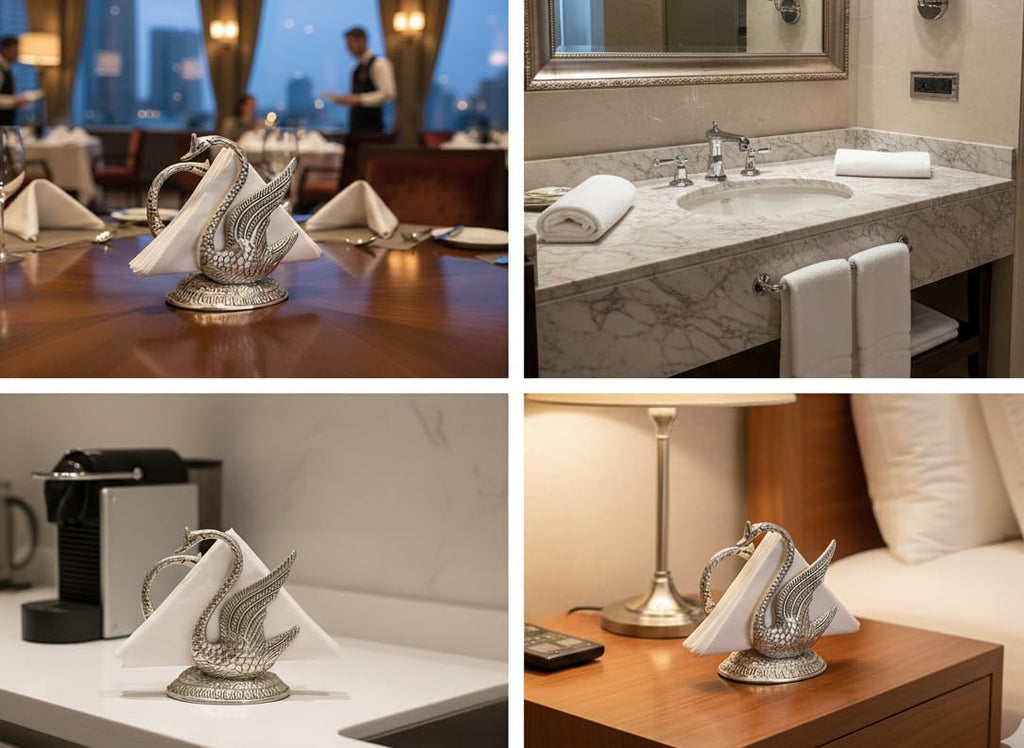 Kridaykraft Elegant Silver Swan Napkin Holder - Decorative Metal Tissue Paper Stand for Dining Table, Kitchen, Bedroom & Bathroom - Luxury Restaurant Style Vertical Serviette Organizer (10x8 cm)