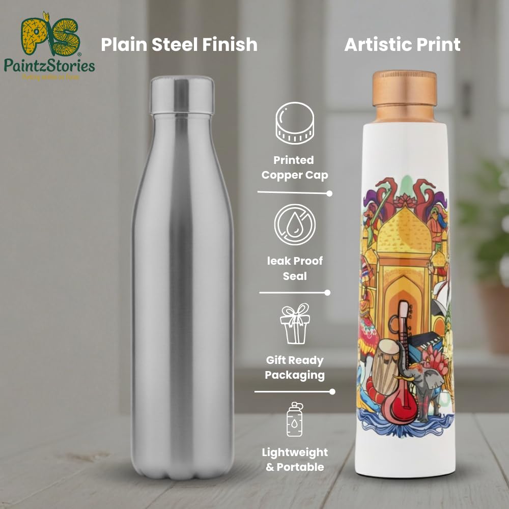 PAINTZSTORIES India's Rich Culture Meena Print Copper Water Bottle | Handcrafted Tamba Bottle | Premium Copper Water Bottle for Home Décor, Office, Travel & Gifting | 900 ml