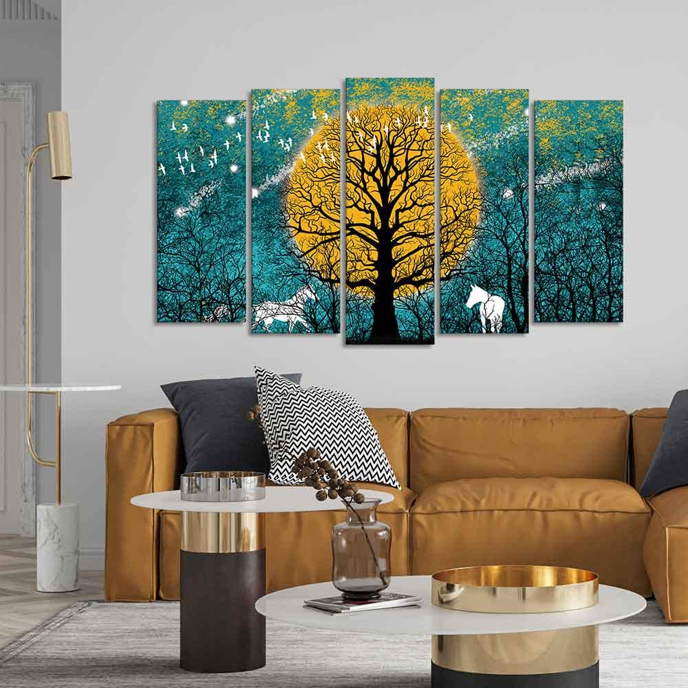 VIBECRAFTS Beautiful White Horses in Forest Premium Wall Painting Set of Five Pieces For Home|Office|Living Room|Gift (PTVC5Pcs2_6573)