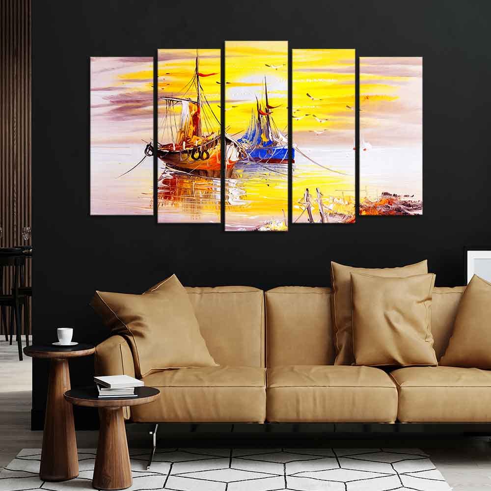 VIBECRAFTS Beautiful Scenery of Sailing Ship on the Ocean Wall Painting Set of Five For Home|Office|Living Room|Gift (PTVC5Pcs2_6521)