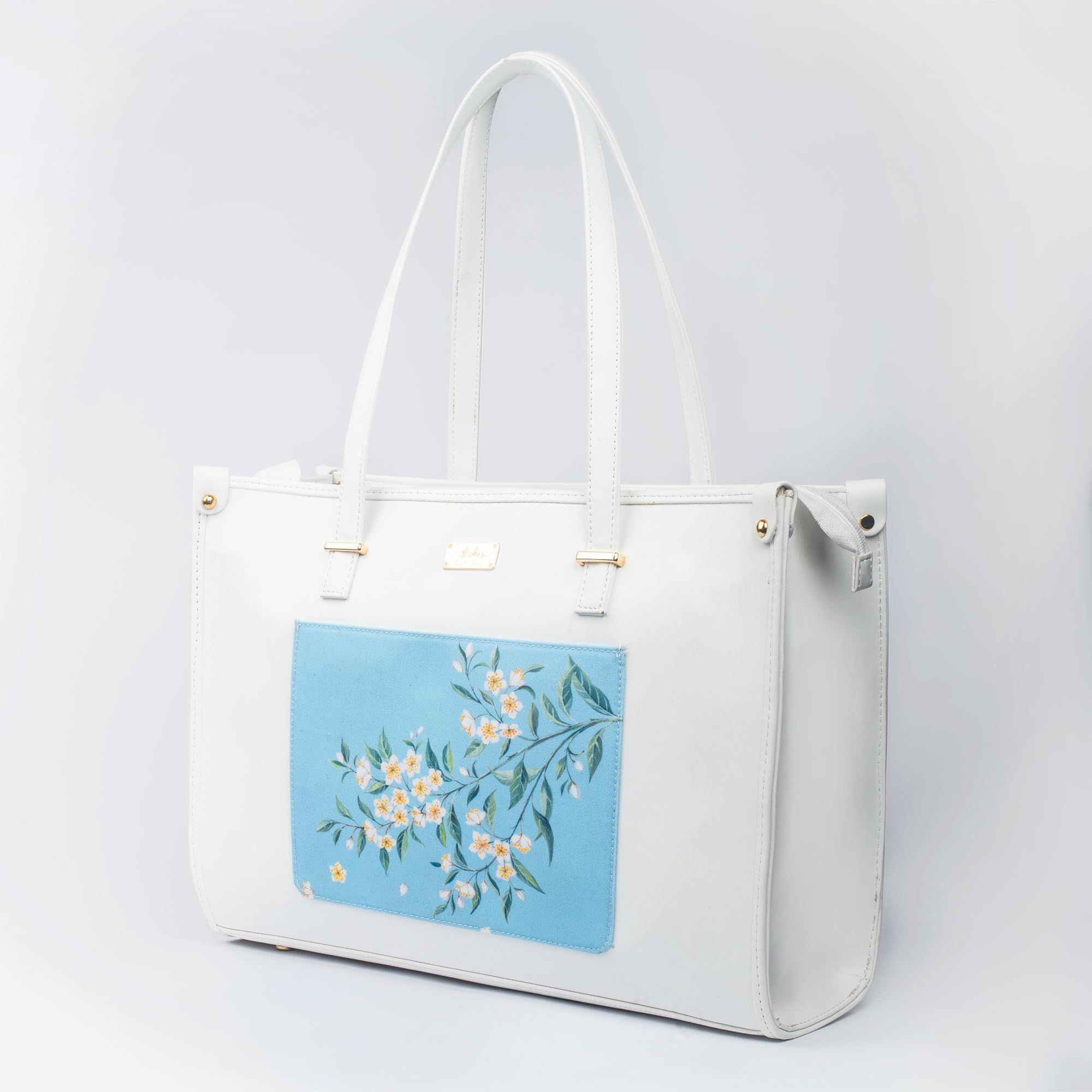 Strokes by Namrata Mehta Box Tote Bag for Women | Fits 16 Laptop | Large Tote Bag For Office Use and Work | Vegan Leather (Periwinkle Blue and White Box Tote Bag)