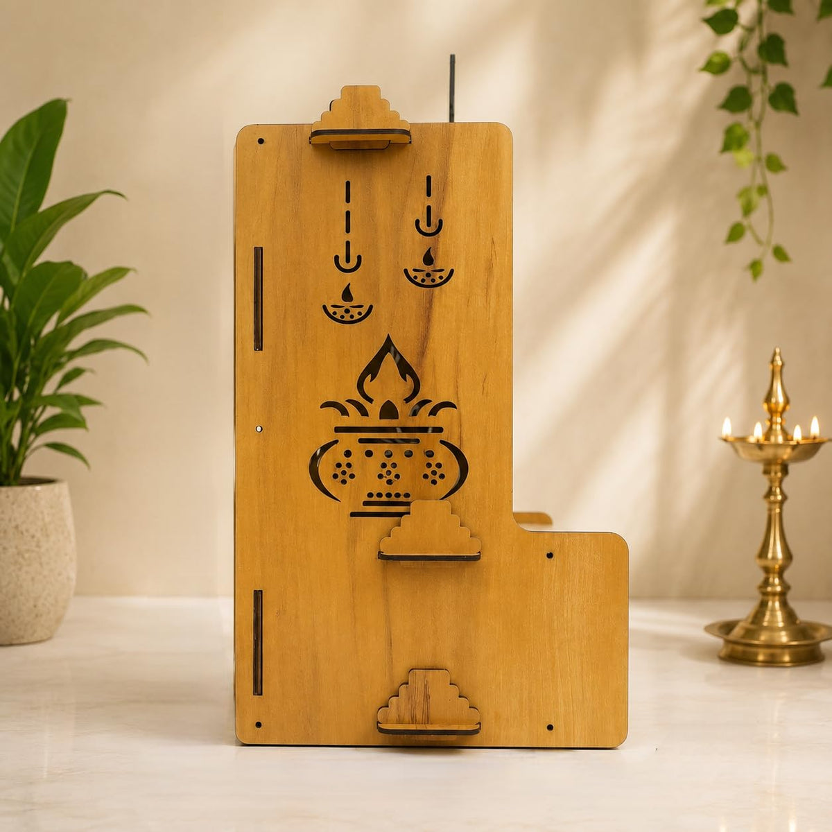 Privla Wooden DIY Small Size Home Temple with Door & Drawer Engineered Wood Pooja Mandir for Home-Office | OM-with Bells Design | Wall Hanging & Floor Resting Mandir (OM with Bells-) 36 * 20 * 25