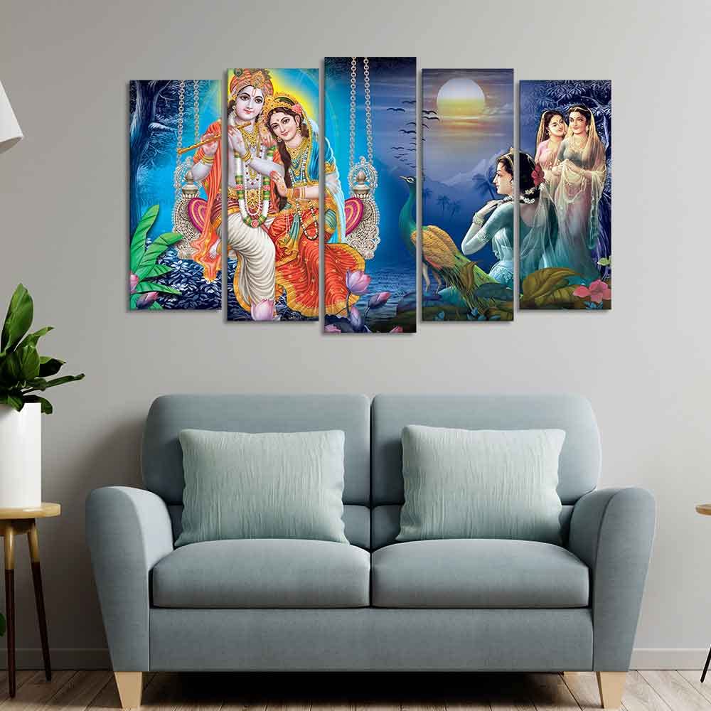 VIBECRAFTS Beautiful Radha Krishna Canvas Wall Painting Set of Five Pieces For Home|Office|Living Room|Gift (PTVC5Pcs2_6603)