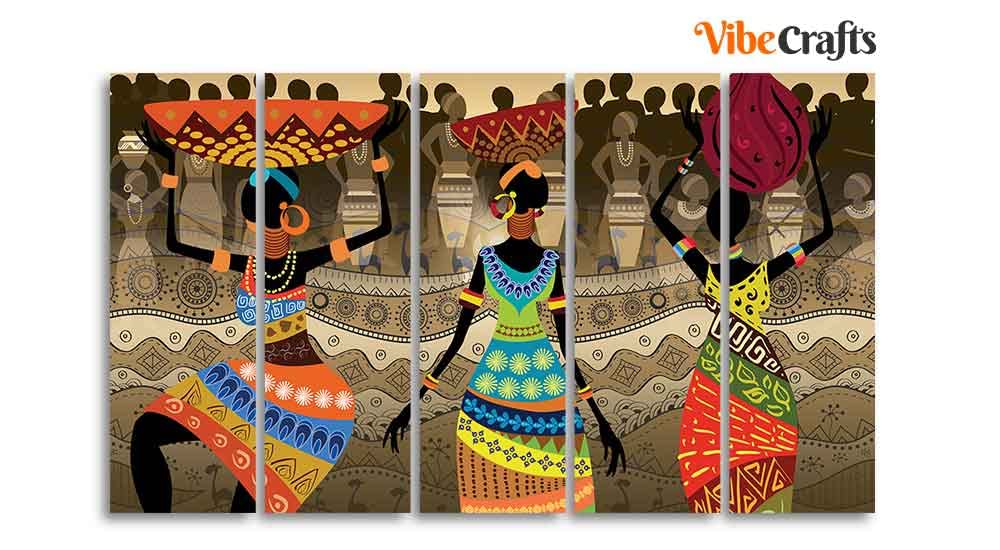 VIBECRAFTS Premium Canvas Wall Painting of African Warli Art Set of Five For Home|Office|Living Room|Gift (PTVC5Pcs4_8678N)