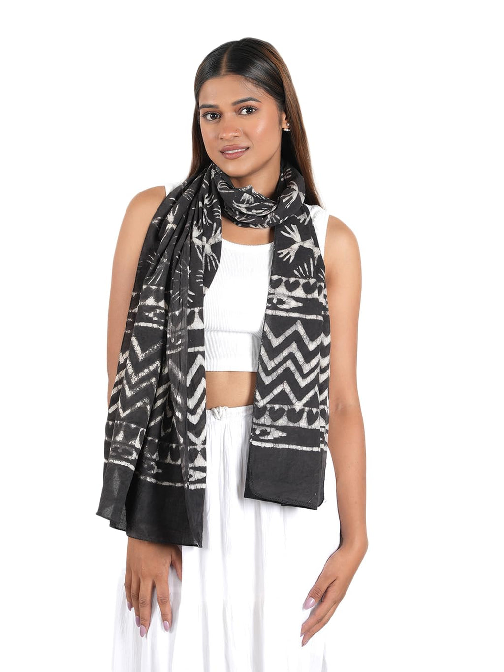 Gutthi Women's Cotton Stoles | Scarf Lightweight & Comfortable for All Seasons | Soft Floral Scarves, Size (100X180 CM) (Black)