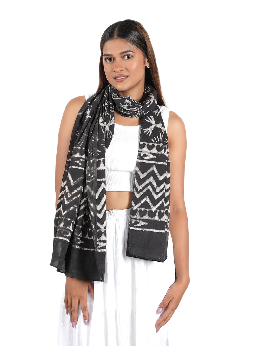 Gutthi Women's Cotton Stoles | Scarf Lightweight & Comfortable for All Seasons | Soft Floral Scarves, Size (100X180 CM) (Black)