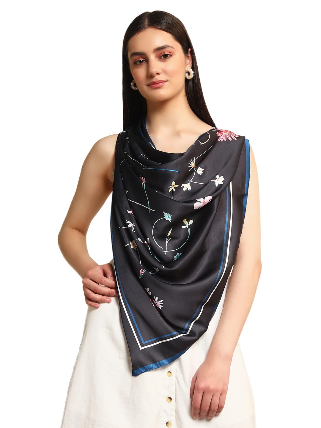 Ravaiyaa - Attitude is everything Women's Crepe Silk Digital Print Large Square Scarf Breathable Lightweight Neckerchief Printed Headscarf 40 x 40 Inch (Black & Blue I Like Flowers)