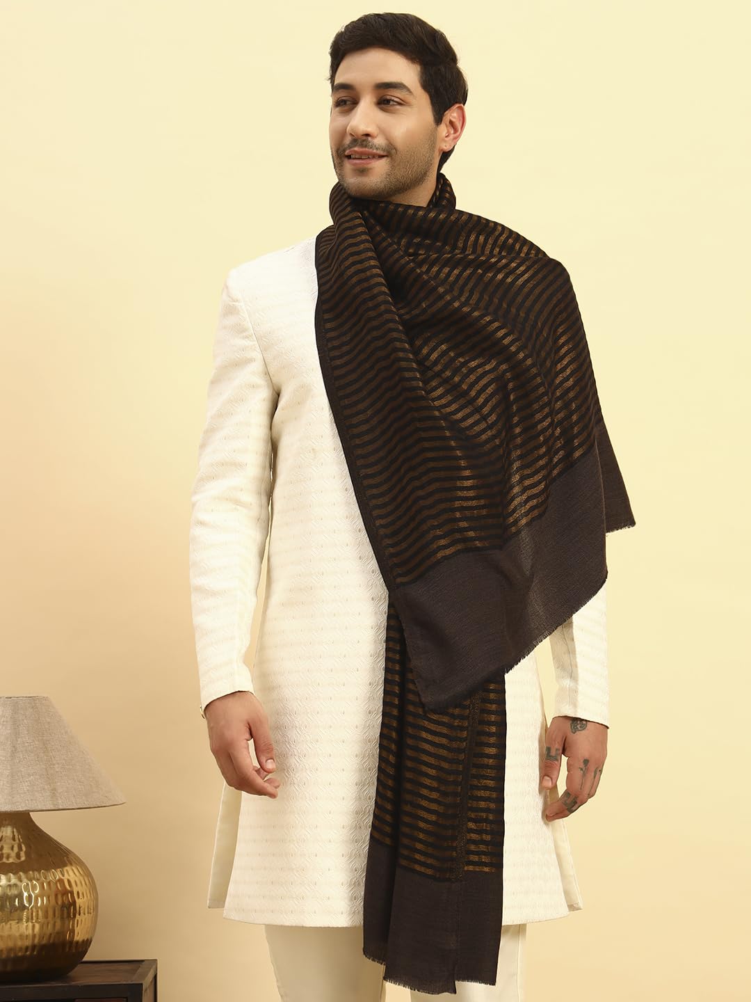 Pashmoda Men Golden Eclipse Reversible Zari Moonlight Fine Wool Stole (Size-28x80in, 71x203cm) MZSST03