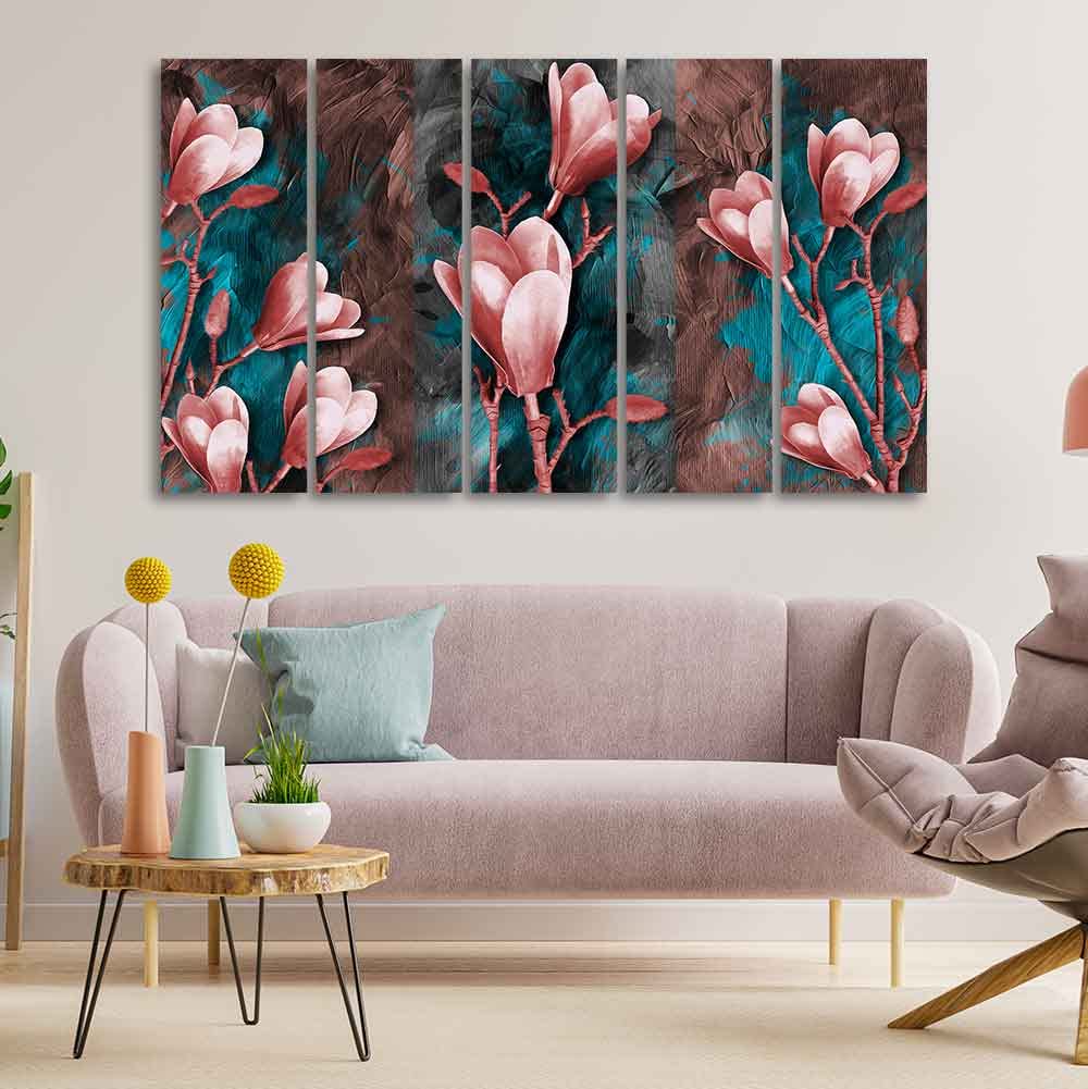 VIBECRAFTS Tulips Flower Canvas Wall Hanging of Five Pieces For Home|Office|Living Room|Gift (PTVC5Pcs4_8690)