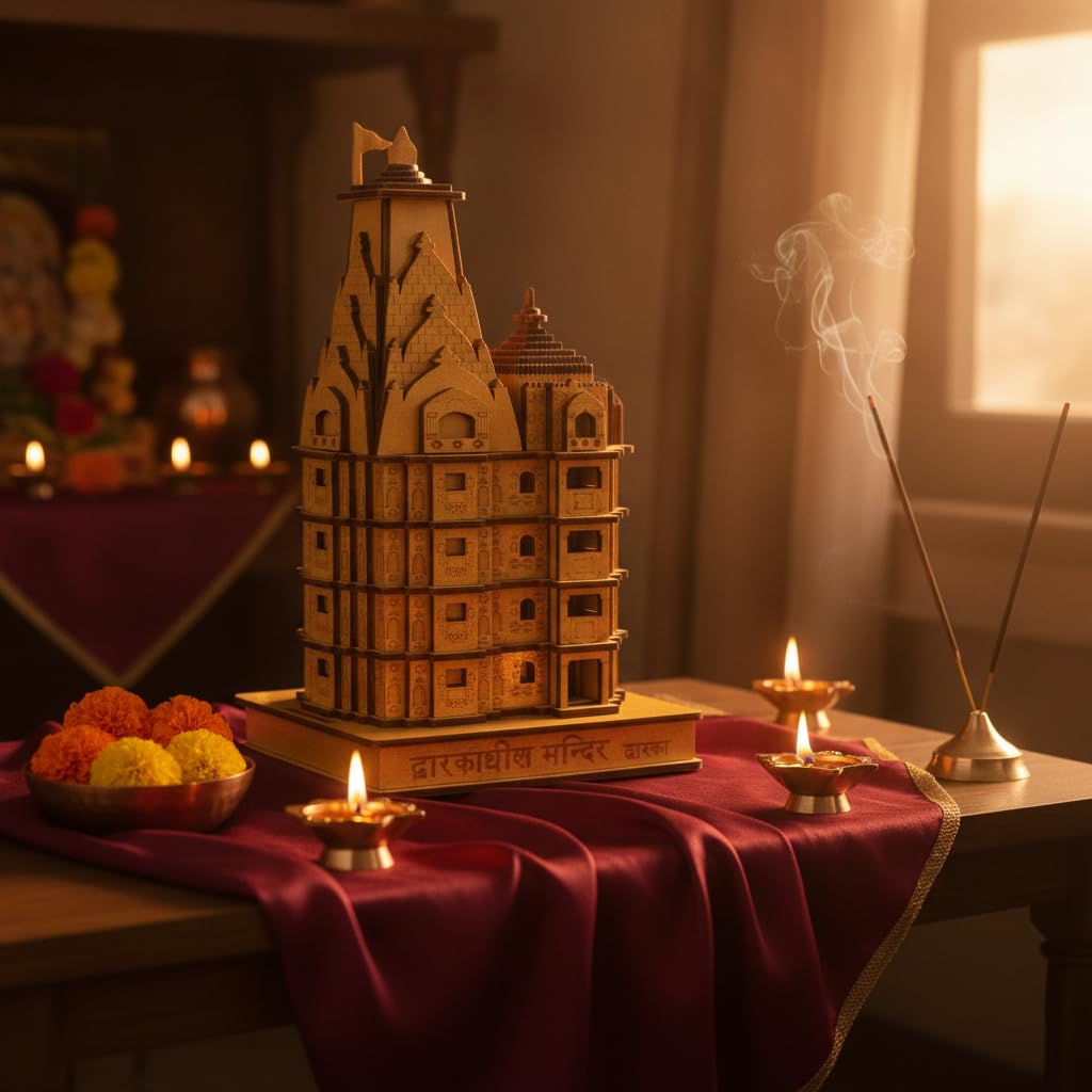 eXme Shree Dwarkadhish Wooden Temple Model - Decorative Showpiece for Home Decor and Pooja Mandir Ideal for Gifting Or Sprituality