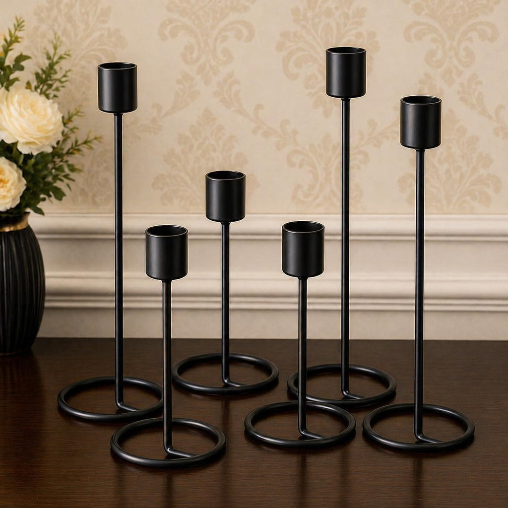 The Arts Box Metal Taper Candle Holder Stand Set of 6 Black Candlestick Holders for Dining Table Wedding & Home Decor Modern Tall Candle Stands Multi Height Centerpiece for Living Room & Festive Use