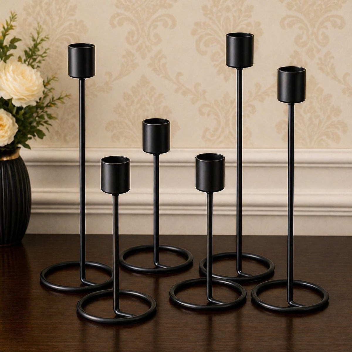The Arts Box Metal Taper Candle Holder Stand Set of 6 Black Candlestick Holders for Dining Table Wedding & Home Decor Modern Tall Candle Stands Multi Height Centerpiece for Living Room & Festive Use